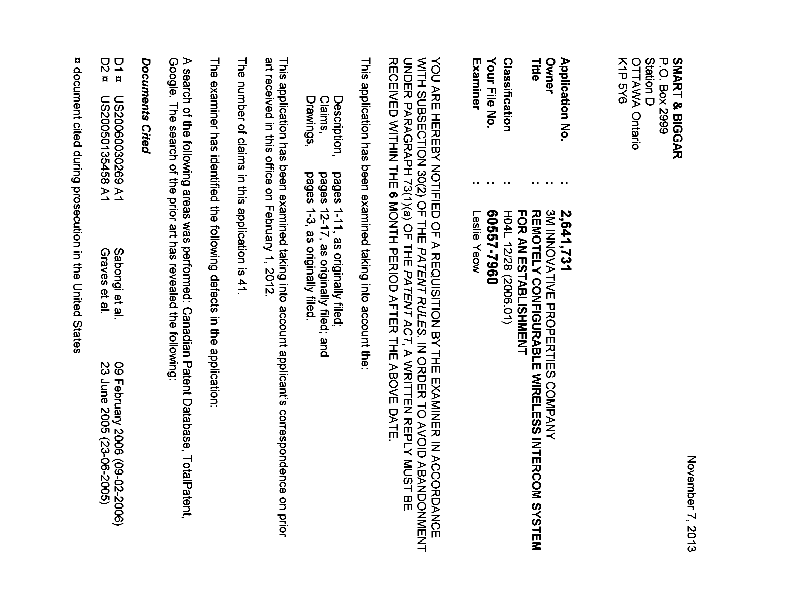 Canadian Patent Document 2641731. Prosecution-Amendment 20131107. Image 1 of 3