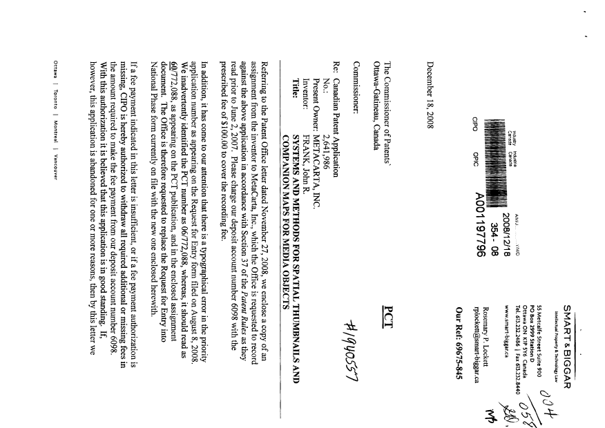 Document de brevet canadien 2641986. Cession 20081218. Image 1 de 4