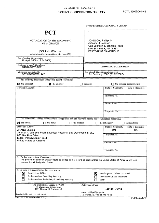 Document de brevet canadien 2642212. PCT 20080811. Image 1 de 4