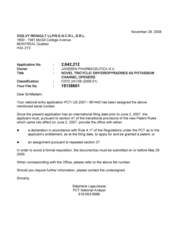Document de brevet canadien 2642212. Correspondance 20081128. Image 1 de 1