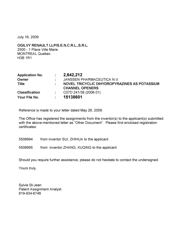 Document de brevet canadien 2642212. Correspondance 20090716. Image 1 de 1