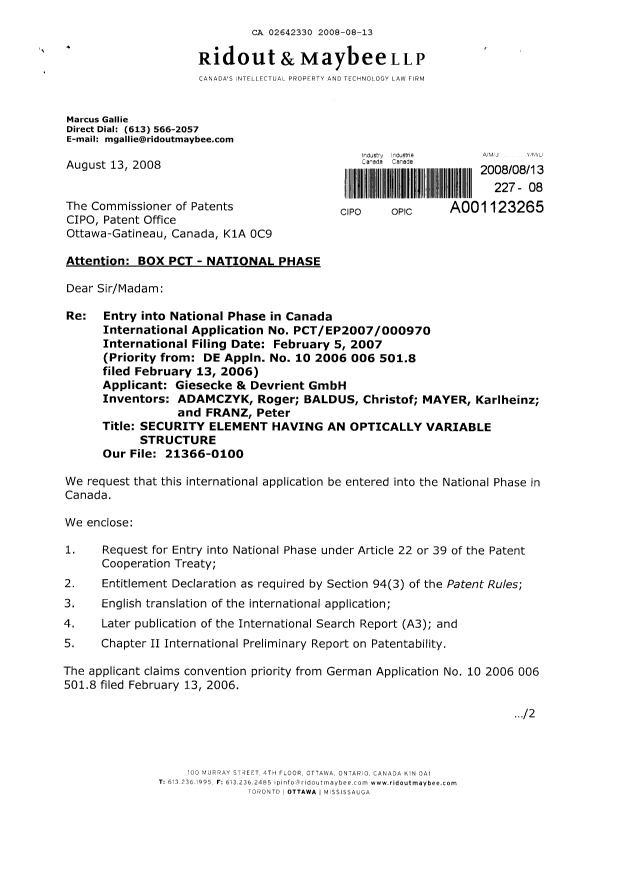 Document de brevet canadien 2642330. Cession 20080813. Image 1 de 5