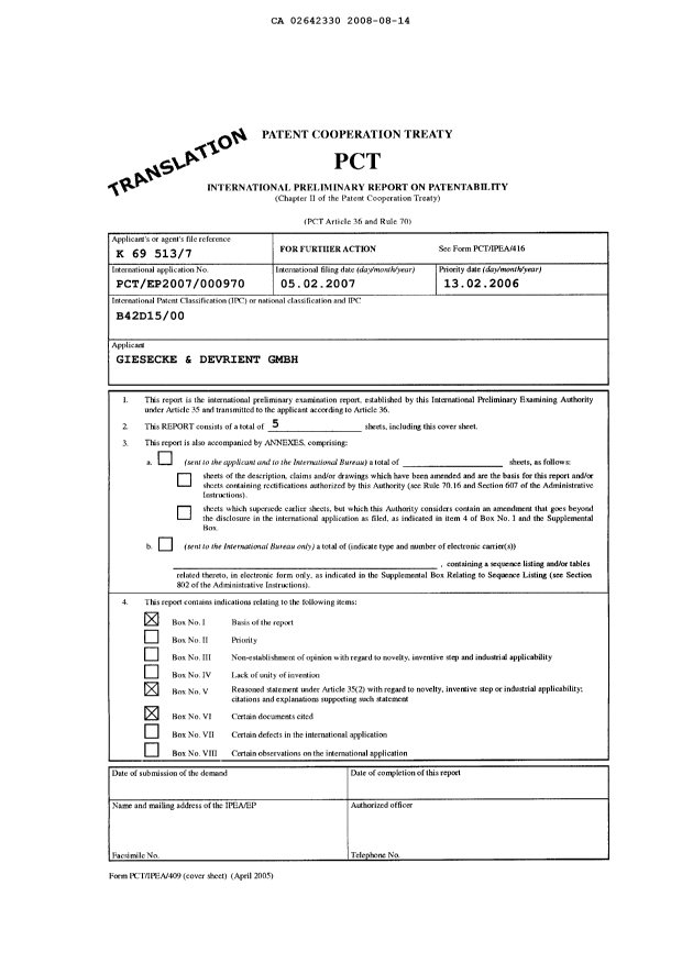 Document de brevet canadien 2642330. PCT 20080814. Image 1 de 5