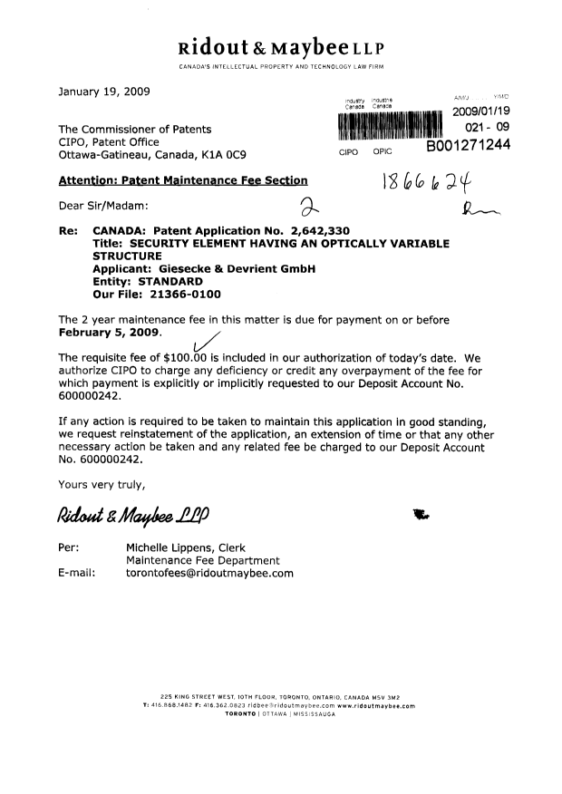 Document de brevet canadien 2642330. Taxes 20090119. Image 1 de 1