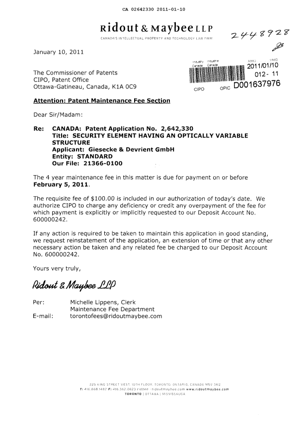 Document de brevet canadien 2642330. Taxes 20110110. Image 1 de 1