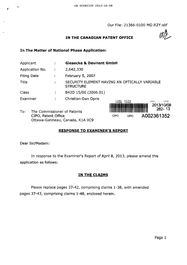 Canadian Patent Document 2642330. Prosecution-Amendment 20131008. Image 1 of 17