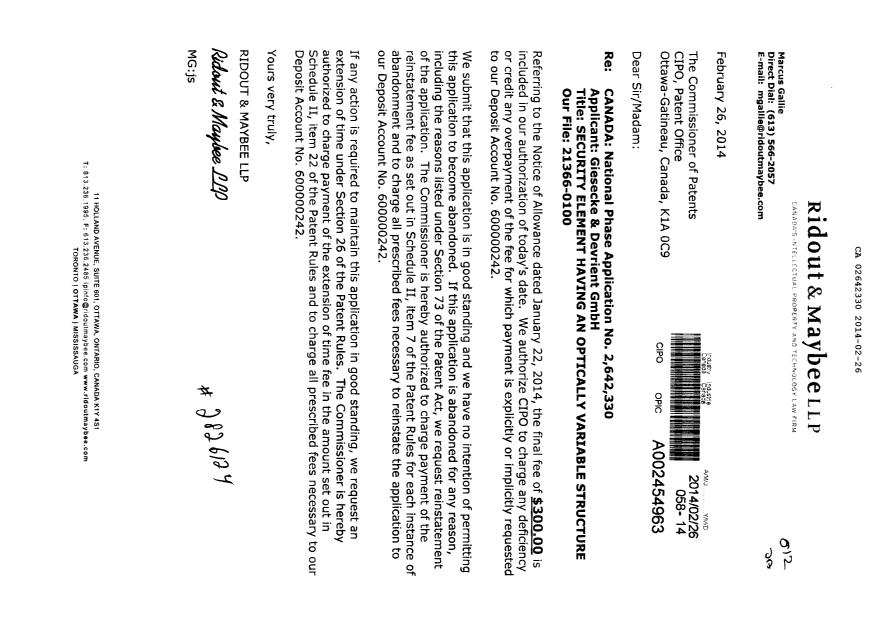 Canadian Patent Document 2642330. Correspondence 20140226. Image 1 of 1