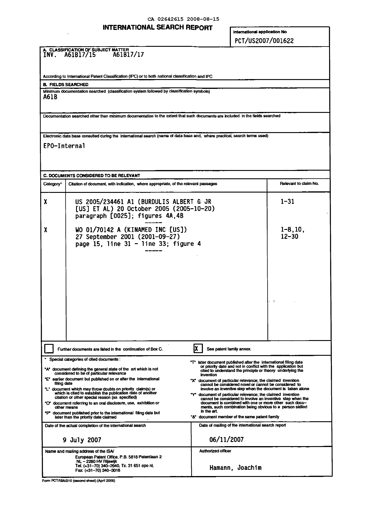 Document de brevet canadien 2642615. PCT 20080815. Image 1 de 4