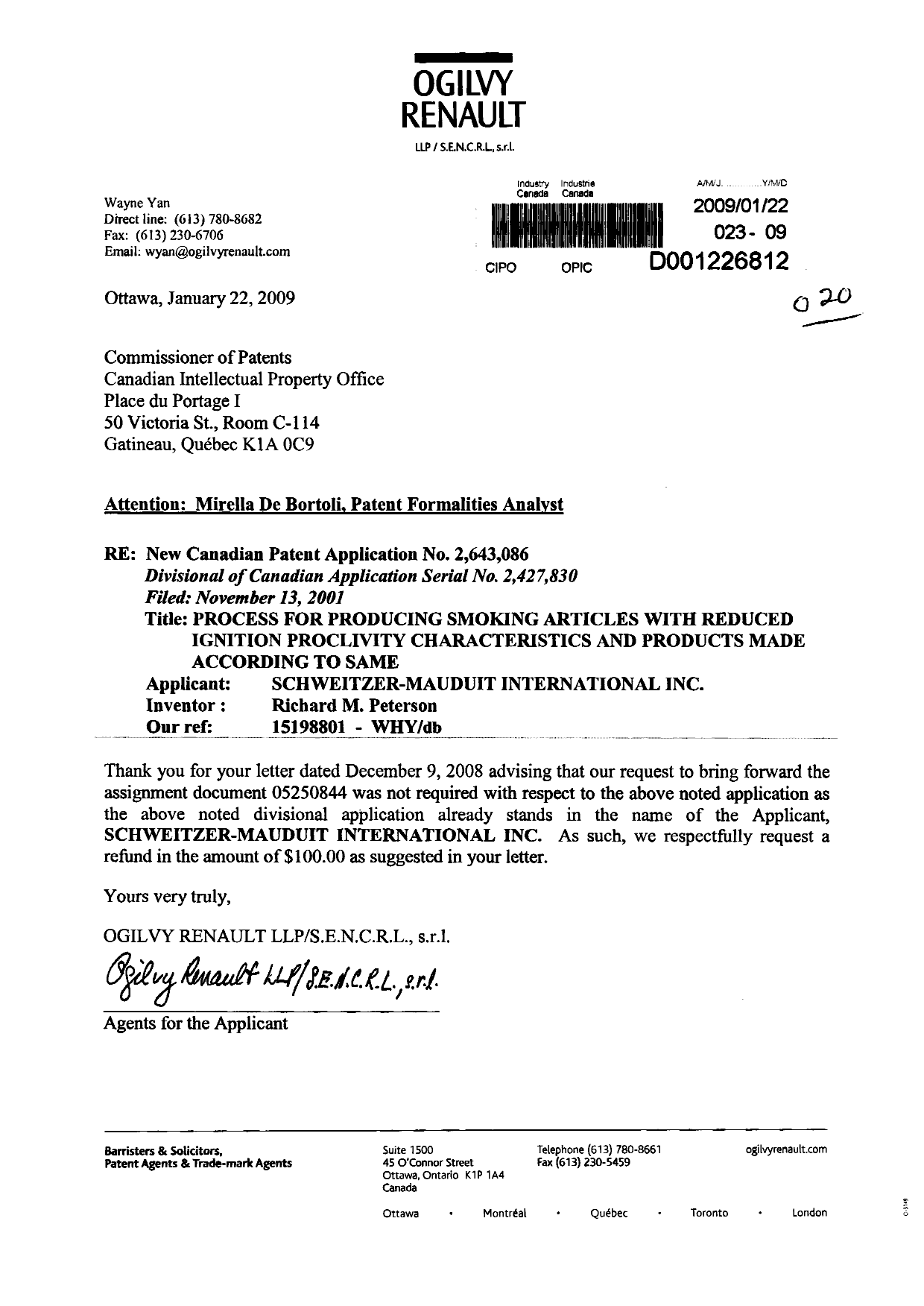 Document de brevet canadien 2643086. Correspondance 20081222. Image 1 de 3