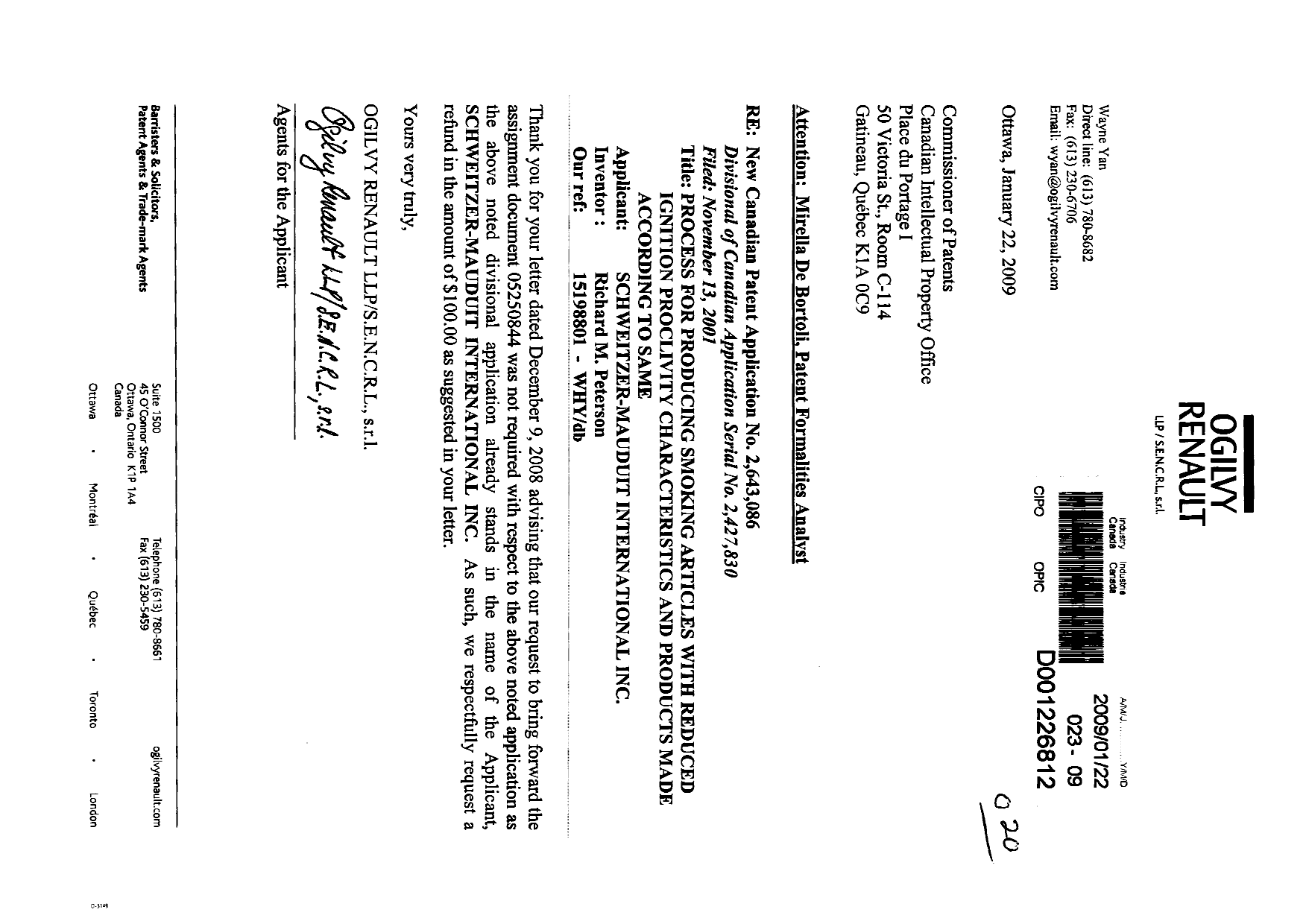 Canadian Patent Document 2643086. Correspondence 20081222. Image 1 of 3