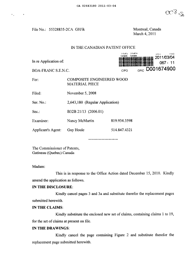 Canadian Patent Document 2643180. Prosecution-Amendment 20110304. Image 1 of 14