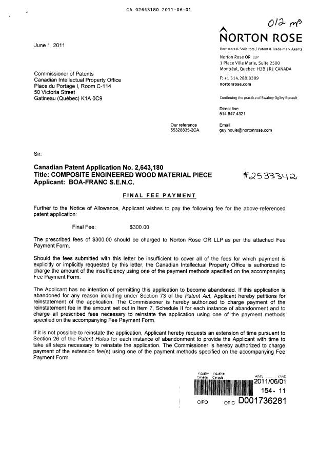 Canadian Patent Document 2643180. Correspondence 20110601. Image 1 of 2