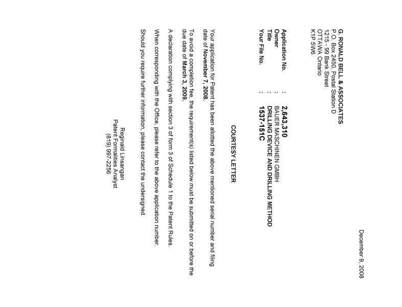 Document de brevet canadien 2643310. Correspondance 20081204. Image 1 de 1