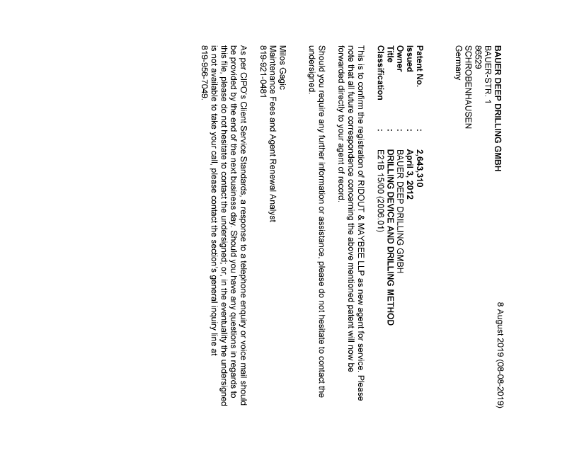 Document de brevet canadien 2643310. Lettre du bureau 20190808. Image 1 de 1