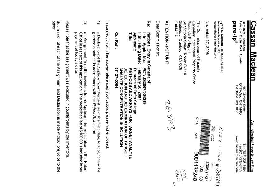 Canadian Patent Document 2643993. Correspondence 20081127. Image 1 of 3