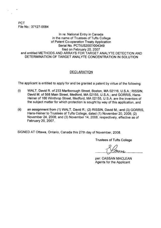 Document de brevet canadien 2643993. Correspondance 20081127. Image 3 de 3