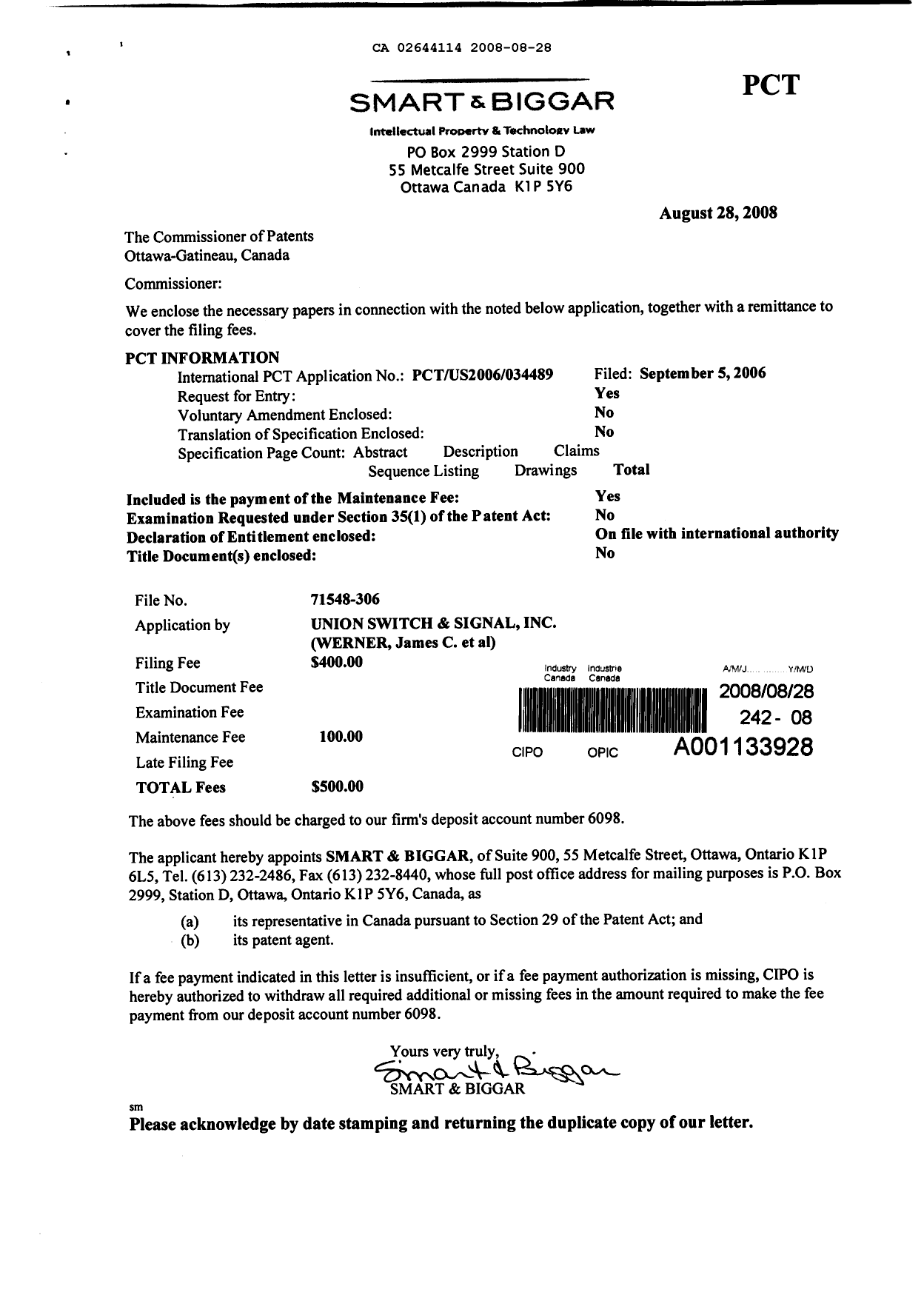 Document de brevet canadien 2644114. Cession 20080828. Image 1 de 3