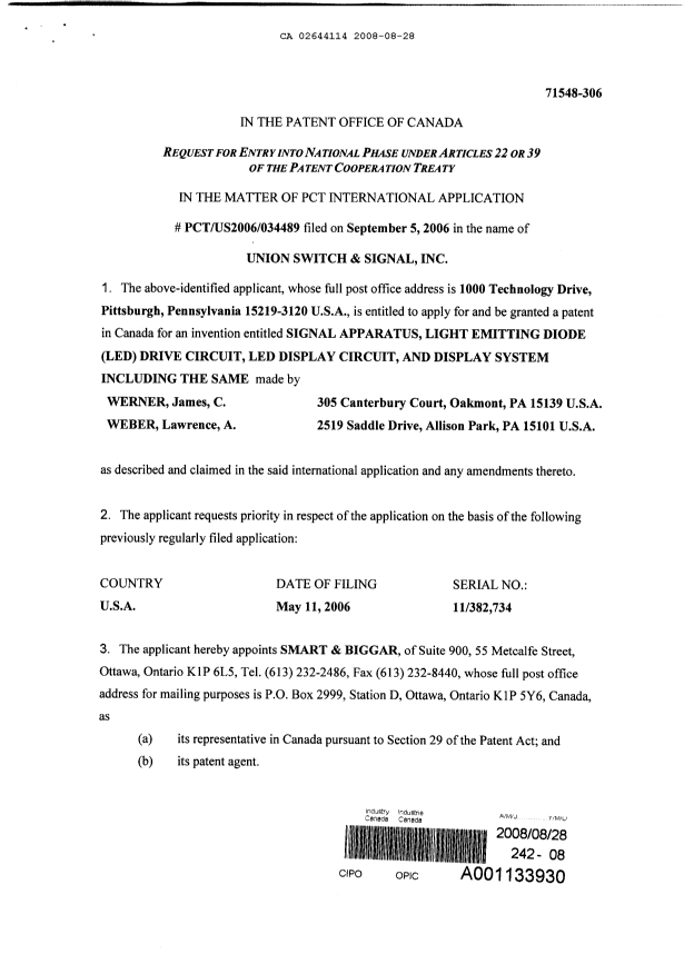 Document de brevet canadien 2644114. Cession 20080828. Image 2 de 3