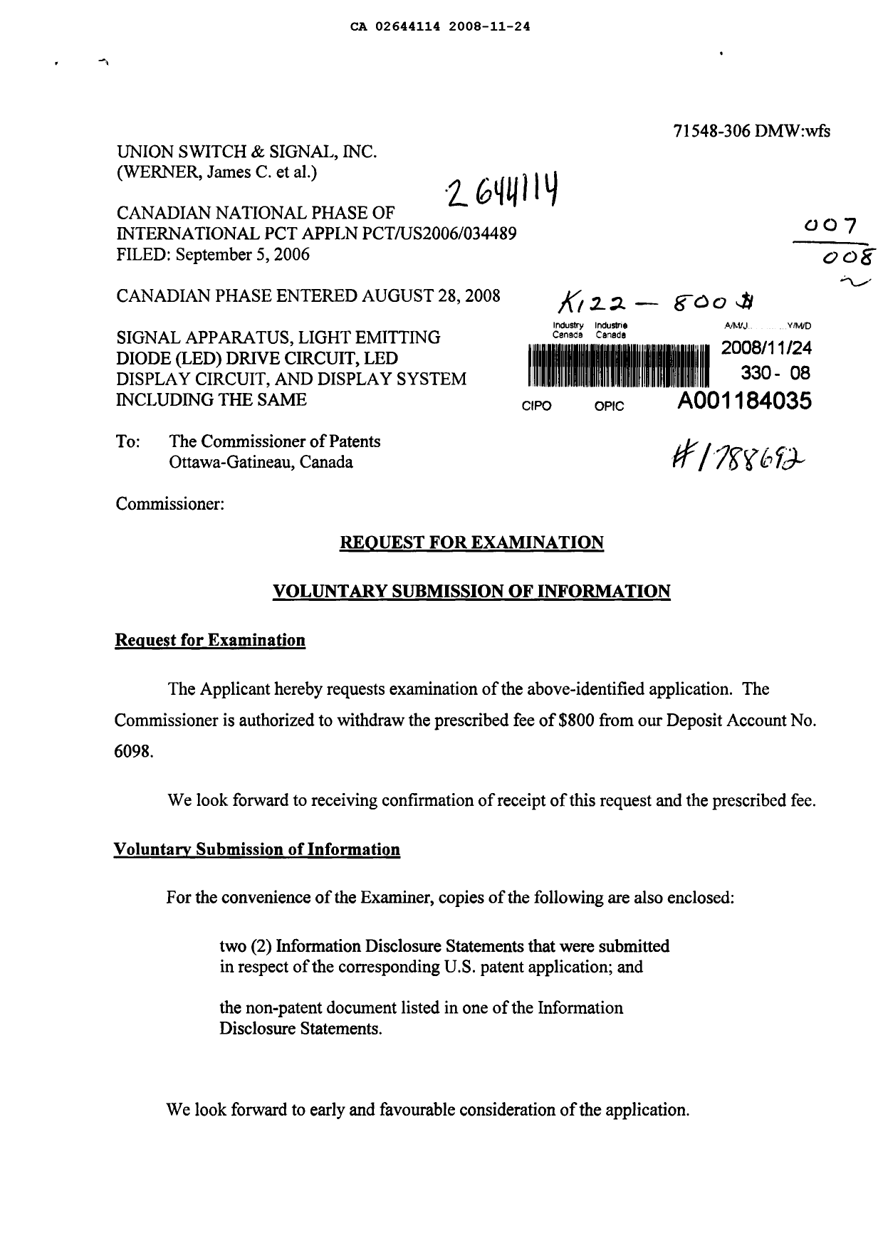 Canadian Patent Document 2644114. Prosecution-Amendment 20081124. Image 1 of 2