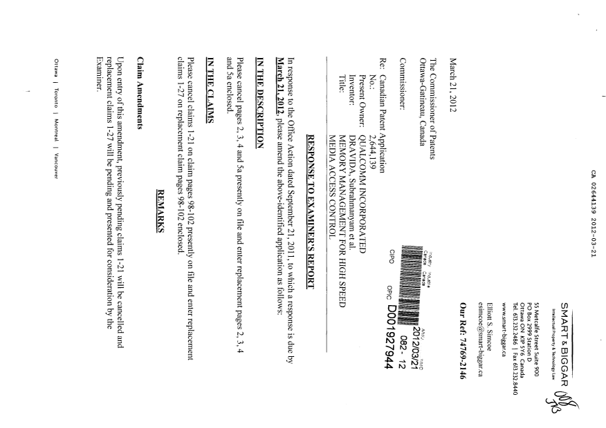 Document de brevet canadien 2644139. Poursuite-Amendment 20120321. Image 1 de 12