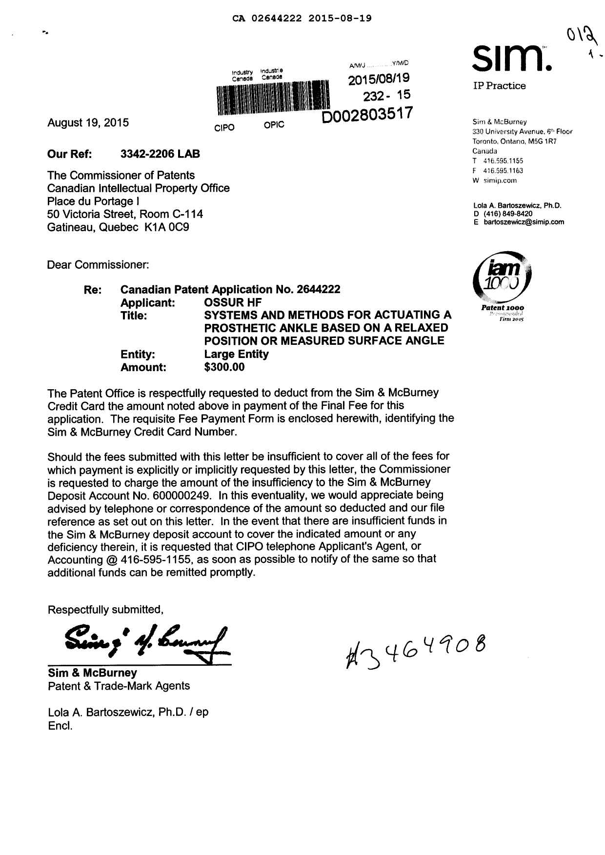 Document de brevet canadien 2644222. Correspondance 20141219. Image 1 de 1