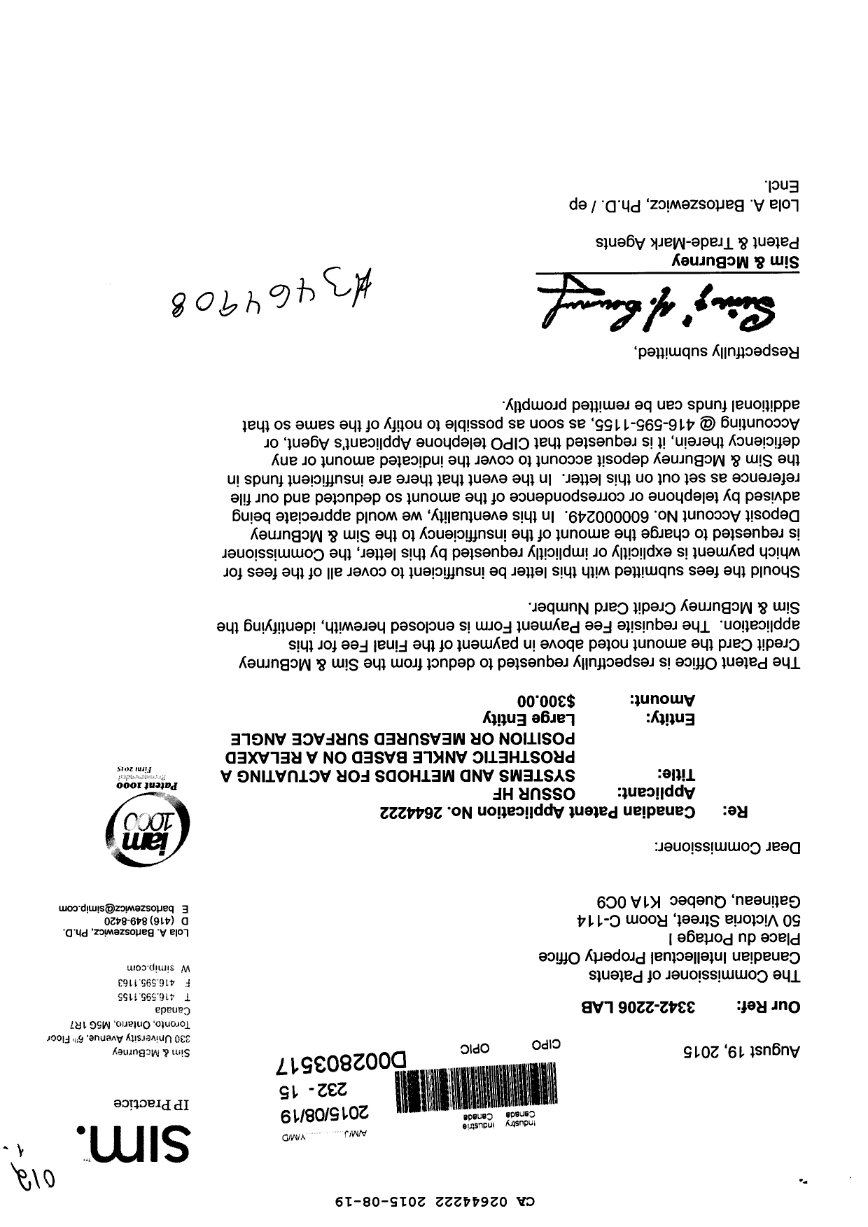 Canadian Patent Document 2644222. Correspondence 20141219. Image 1 of 1