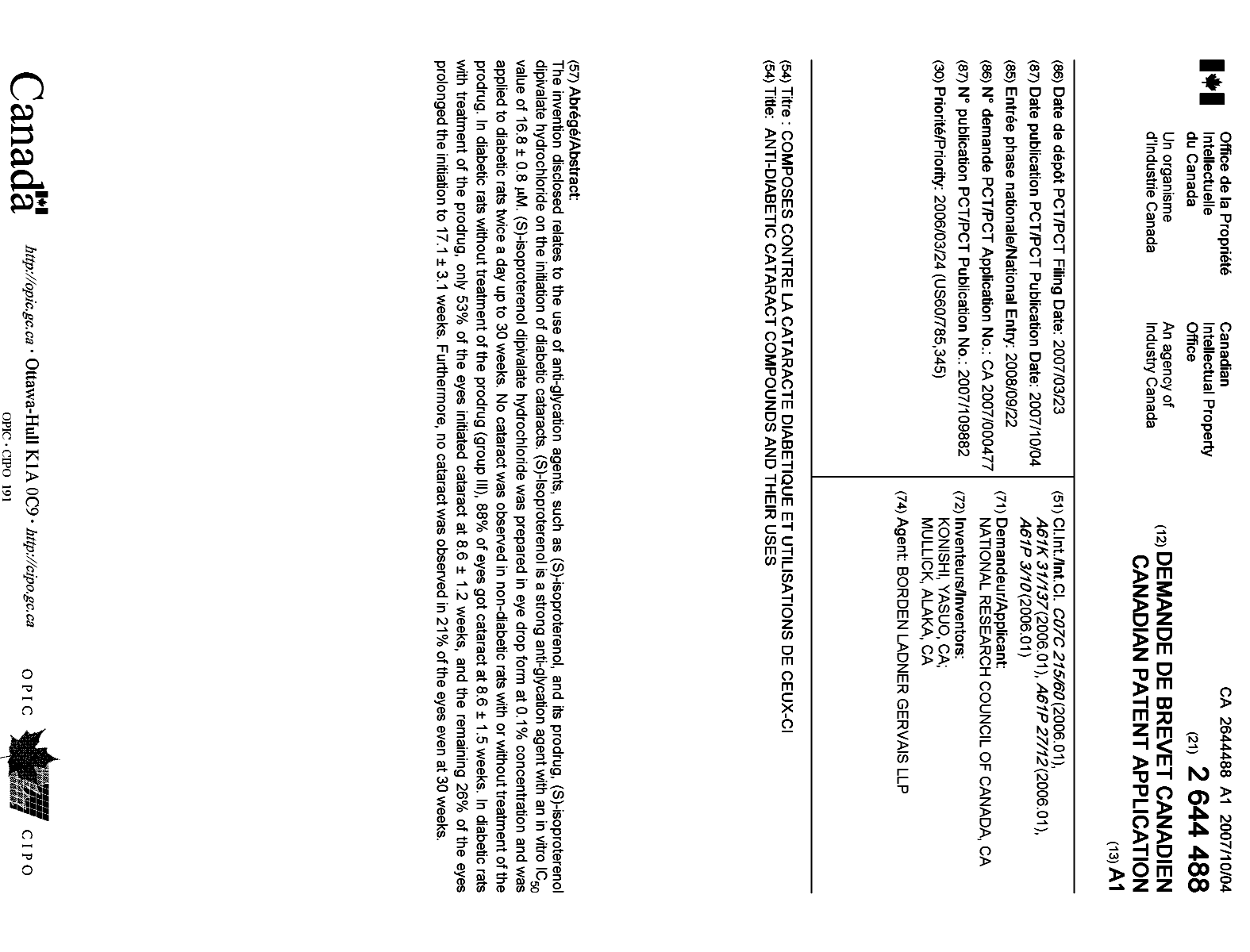 Document de brevet canadien 2644488. Page couverture 20081222. Image 1 de 1