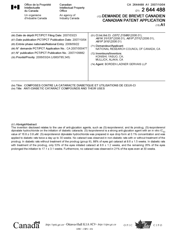 Document de brevet canadien 2644488. Page couverture 20090122. Image 1 de 1