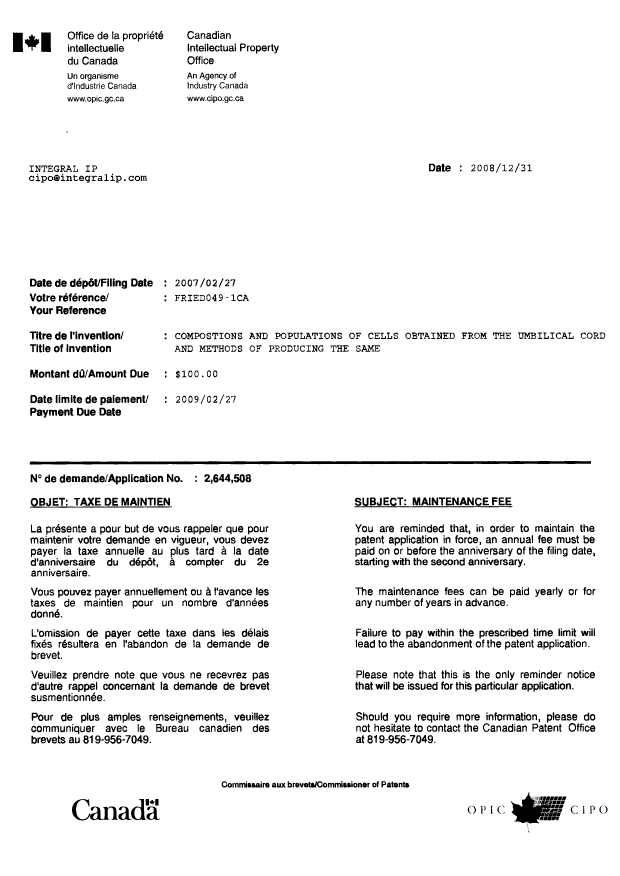 Document de brevet canadien 2644508. Correspondance 20081231. Image 1 de 1