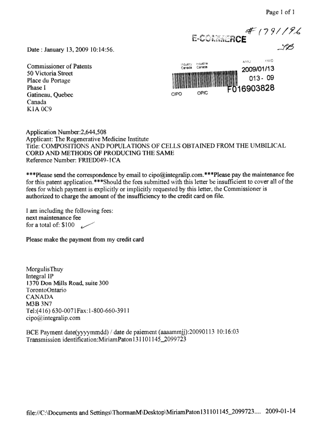Document de brevet canadien 2644508. Taxes 20090113. Image 1 de 1