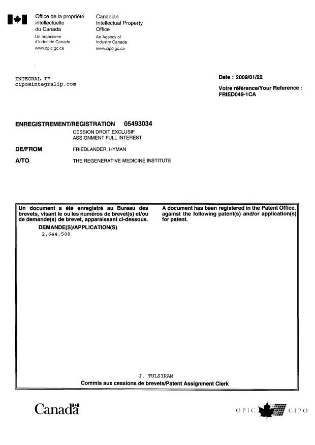 Document de brevet canadien 2644508. Correspondance 20090122. Image 1 de 1