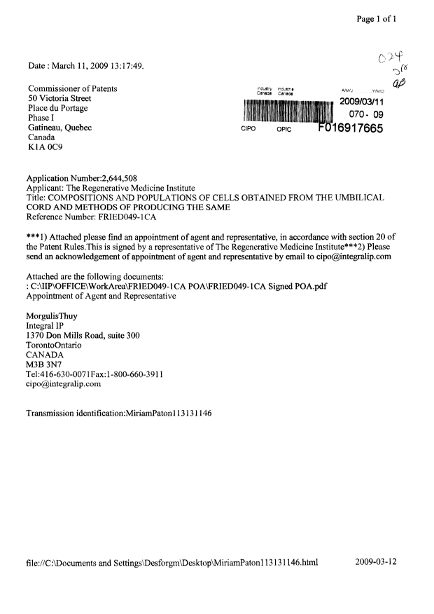 Document de brevet canadien 2644508. Correspondance 20090311. Image 1 de 2