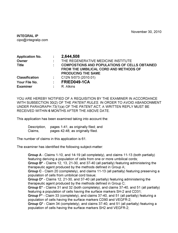 Document de brevet canadien 2644508. Poursuite-Amendment 20101130. Image 1 de 4