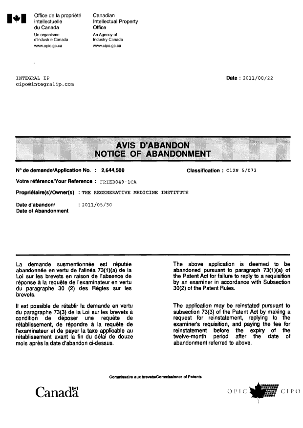 Document de brevet canadien 2644508. Correspondance 20110822. Image 1 de 1