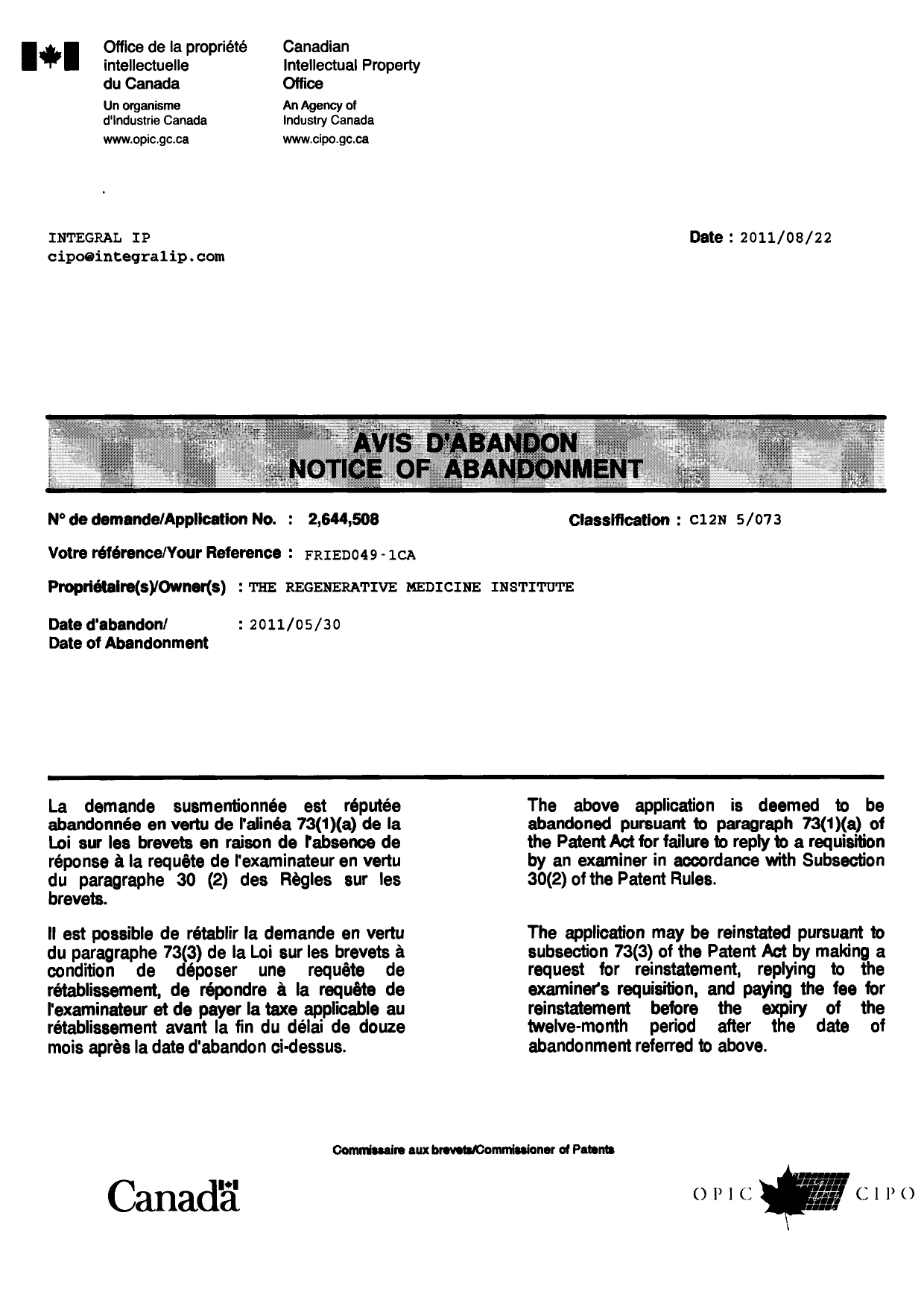 Document de brevet canadien 2644508. Correspondance 20110822. Image 1 de 1