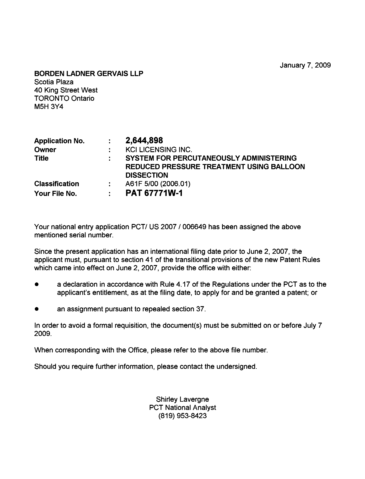 Document de brevet canadien 2644898. Correspondance 20090107. Image 1 de 1