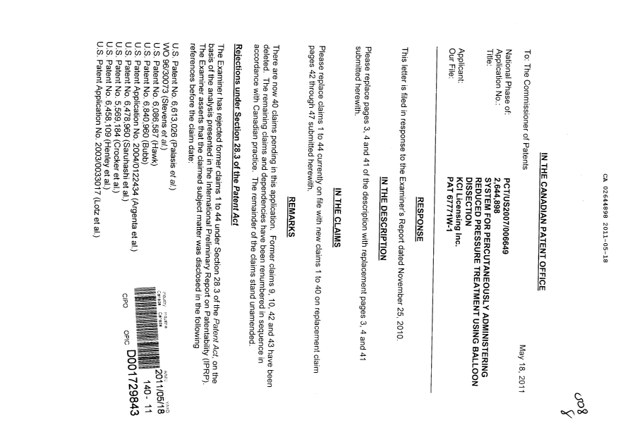 Canadian Patent Document 2644898. Prosecution-Amendment 20110518. Image 1 of 16