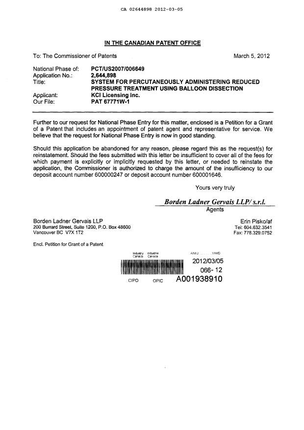 Document de brevet canadien 2644898. Correspondance 20120305. Image 1 de 3