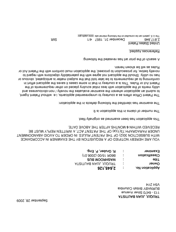 Canadian Patent Document 2645126. Prosecution-Amendment 20090928. Image 1 of 6