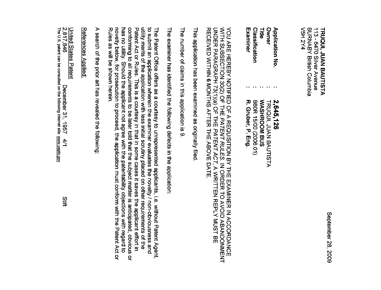 Canadian Patent Document 2645126. Prosecution-Amendment 20090928. Image 1 of 6