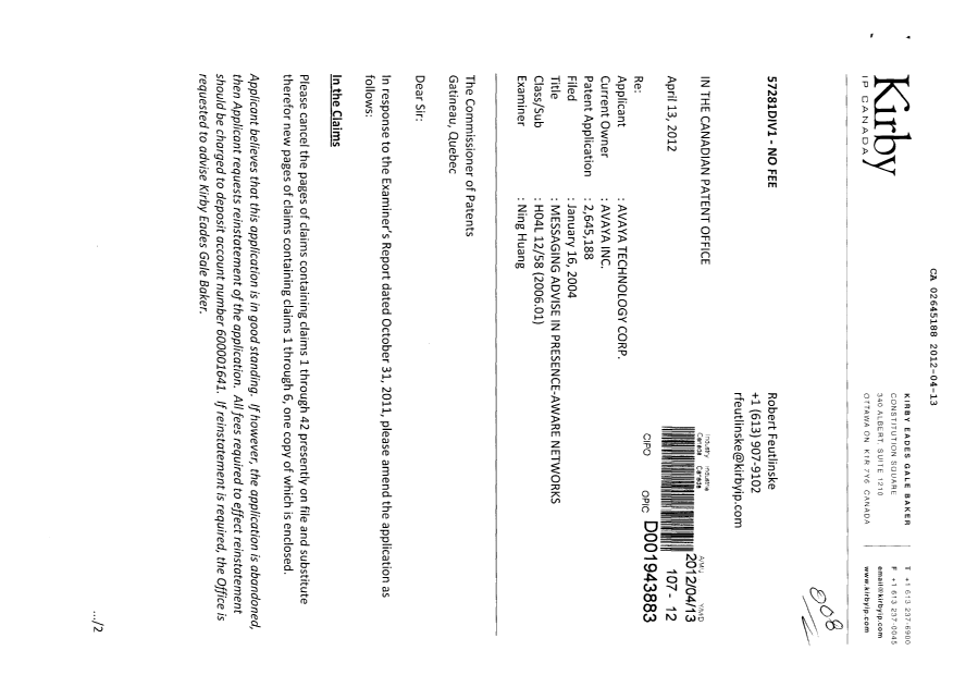 Document de brevet canadien 2645188. Poursuite-Amendment 20120413. Image 1 de 3