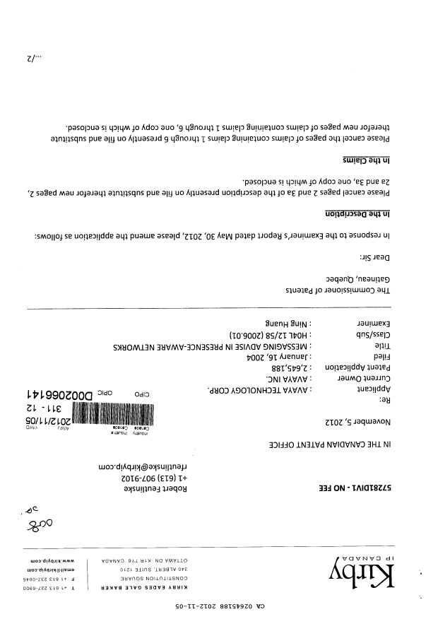 Canadian Patent Document 2645188. Prosecution-Amendment 20121105. Image 1 of 8