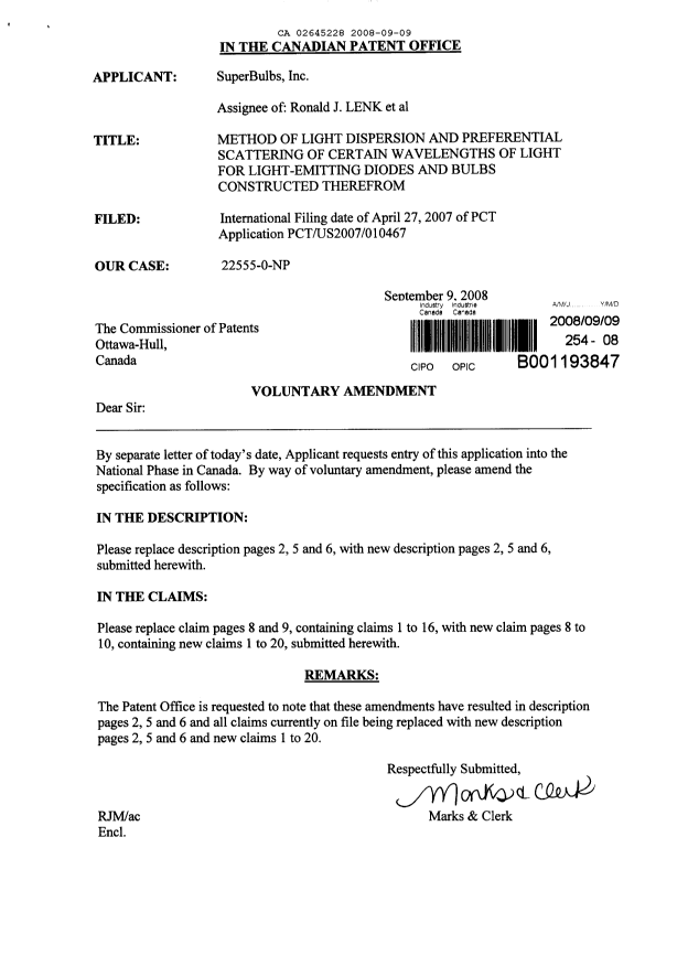 Document de brevet canadien 2645228. Poursuite-Amendment 20080909. Image 1 de 7