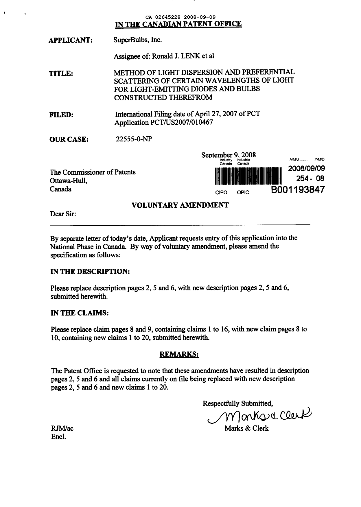 Canadian Patent Document 2645228. Prosecution-Amendment 20080909. Image 1 of 7