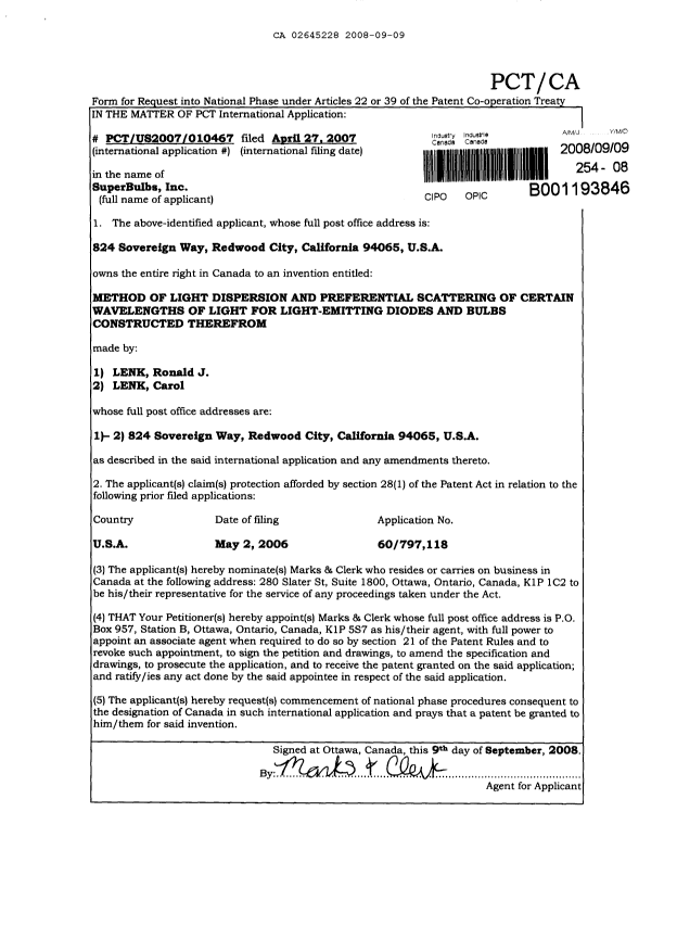 Document de brevet canadien 2645228. Cession 20080909. Image 2 de 6