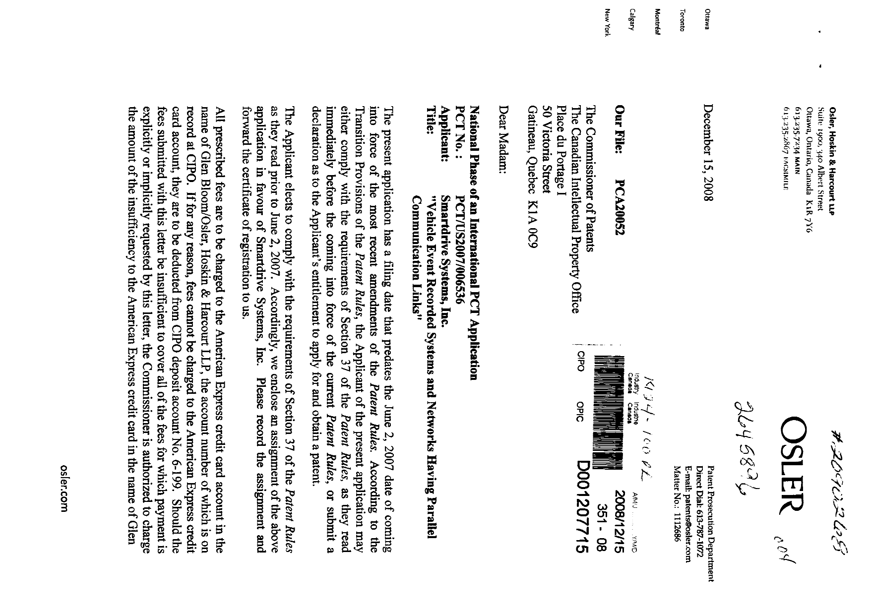 Canadian Patent Document 2645896. Assignment 20081215. Image 1 of 3
