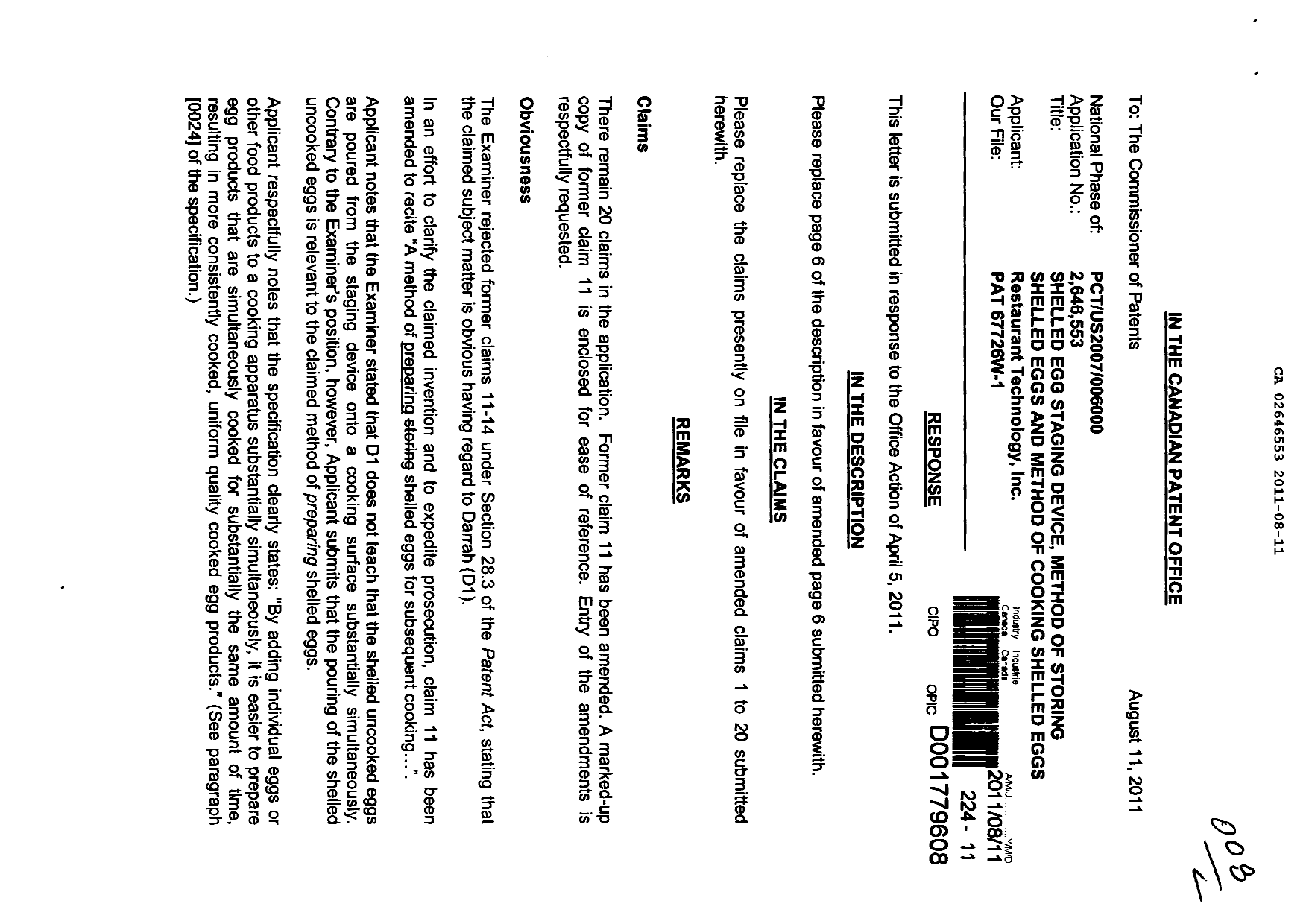 Canadian Patent Document 2646553. Prosecution-Amendment 20110811. Image 1 of 7