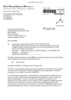 Canadian Patent Document 2646711. Correspondence 20140626. Image 1 of 2