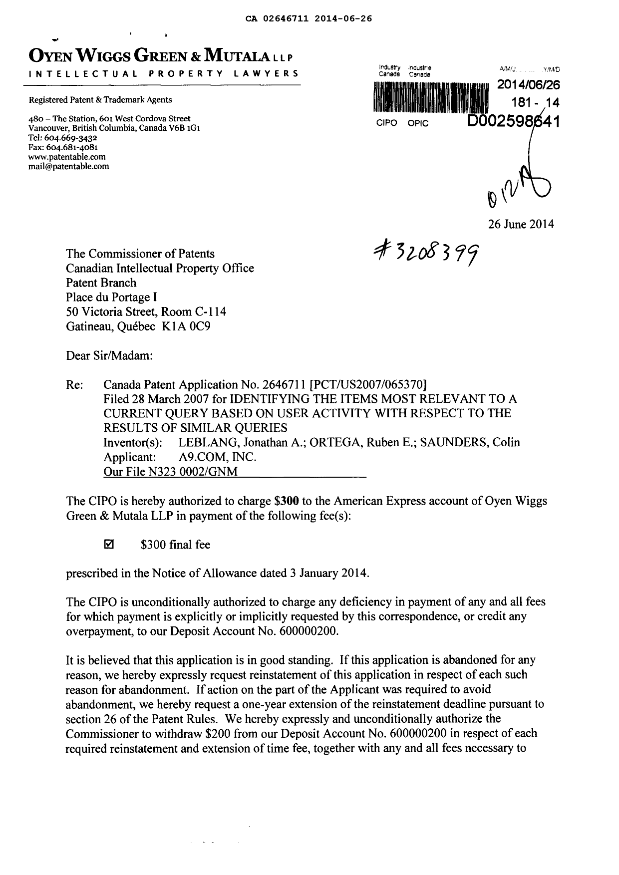 Document de brevet canadien 2646711. Correspondance 20140626. Image 1 de 2
