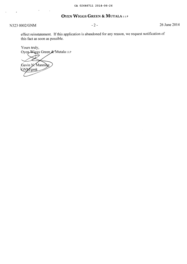 Document de brevet canadien 2646711. Correspondance 20140626. Image 2 de 2